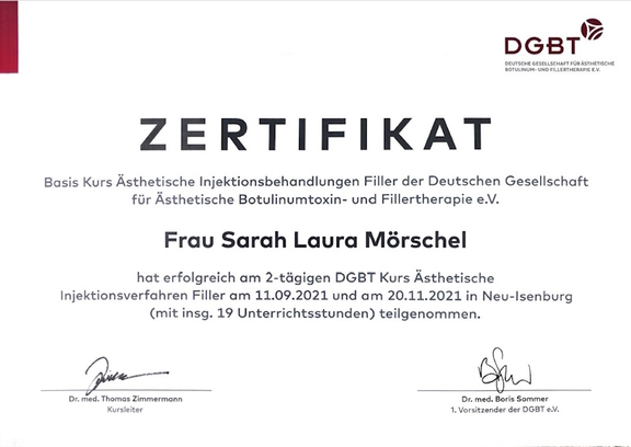Zertifikat Sarah Laura Mörschel, Faltenunterspritzung Wiesbaden